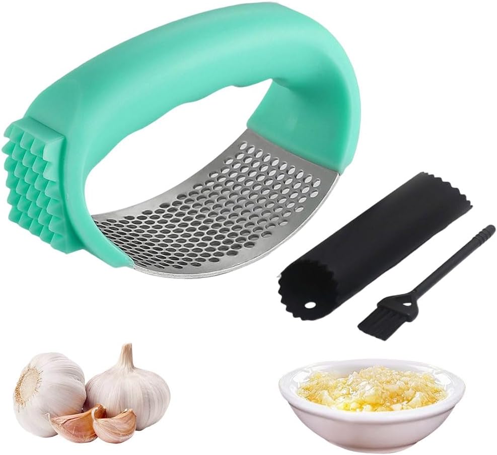 Garlic Press Rocker, 2025 New Stainless Steel Garlic Presser, Garlic Mincer Crusher Masher with Peeler and Cleaning Brush, Garlic Chopper for Smash Garlic Kitchen Gadgets (Green)