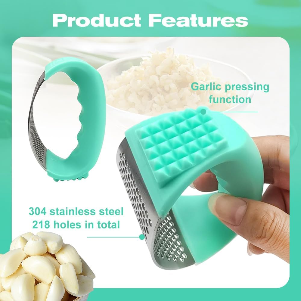 Garlic Press Rocker, 2025 New Stainless Steel Garlic Presser, Garlic Mincer Crusher Masher with Peeler and Cleaning Brush, Garlic Chopper for Smash Garlic Kitchen Gadgets (Green)