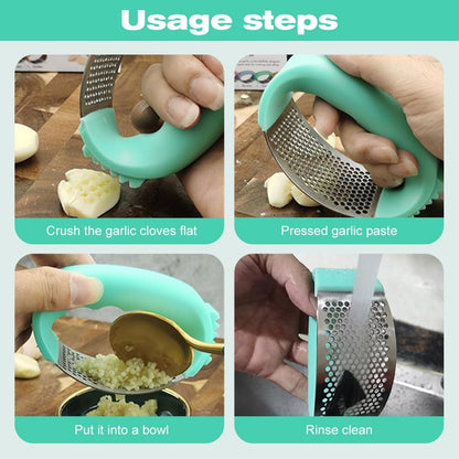 Garlic Press Rocker, 2025 New Stainless Steel Garlic Presser, Garlic Mincer Crusher Masher with Peeler and Cleaning Brush, Garlic Chopper for Smash Garlic Kitchen Gadgets (Green)
