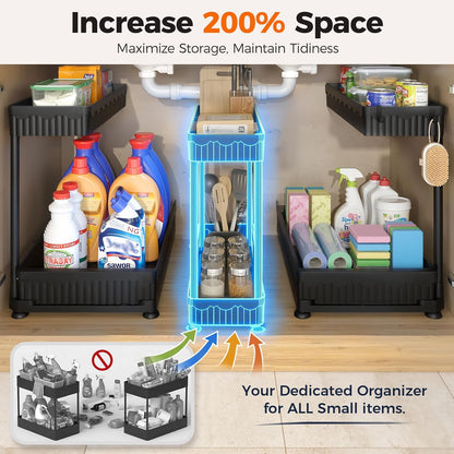 3-Pack 2-Tier L-Shaped Under Sink Organizers with Sliding Drawers | Multi-use kitchen & bathroom storage, 12.85 inch black cabinet organizer, space-saving sliding drawer design.