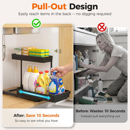 3-Pack 2-Tier L-Shaped Under Sink Organizers with Sliding Drawers | Multi-use kitchen & bathroom storage, 12.85 inch black cabinet organizer, space-saving sliding drawer design.
