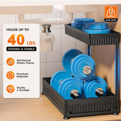 3-Pack 2-Tier L-Shaped Under Sink Organizers with Sliding Drawers | Multi-use kitchen & bathroom storage, 12.85 inch black cabinet organizer, space-saving sliding drawer design.