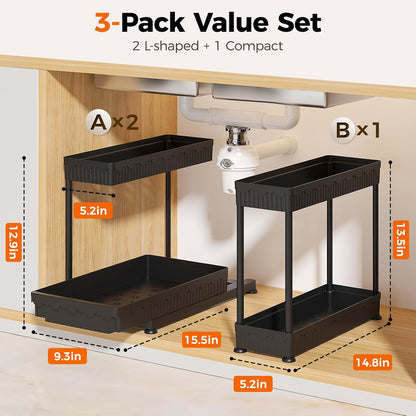 3-Pack 2-Tier L-Shaped Under Sink Organizers with Sliding Drawers | Multi-use kitchen & bathroom storage, 12.85 inch black cabinet organizer, space-saving sliding drawer design.