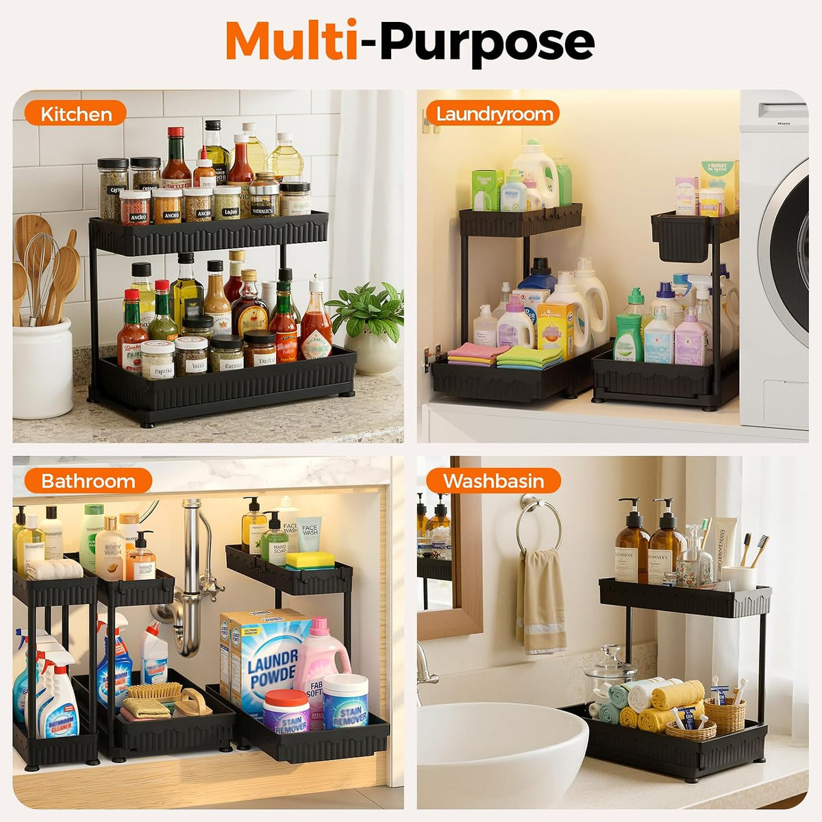 3-Pack 2-Tier L-Shaped Under Sink Organizers with Sliding Drawers | Multi-use kitchen & bathroom storage, 12.85 inch black cabinet organizer, space-saving sliding drawer design.