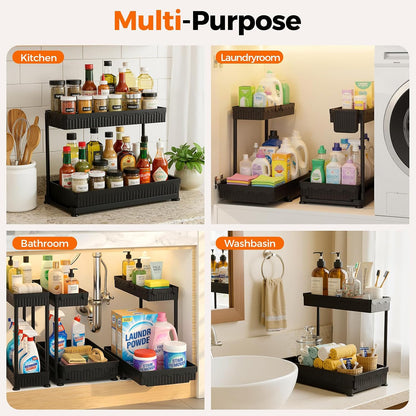 3-Pack 2-Tier L-Shaped Under Sink Organizers with Sliding Drawers | Multi-use kitchen & bathroom storage, 12.85 inch black cabinet organizer, space-saving sliding drawer design.