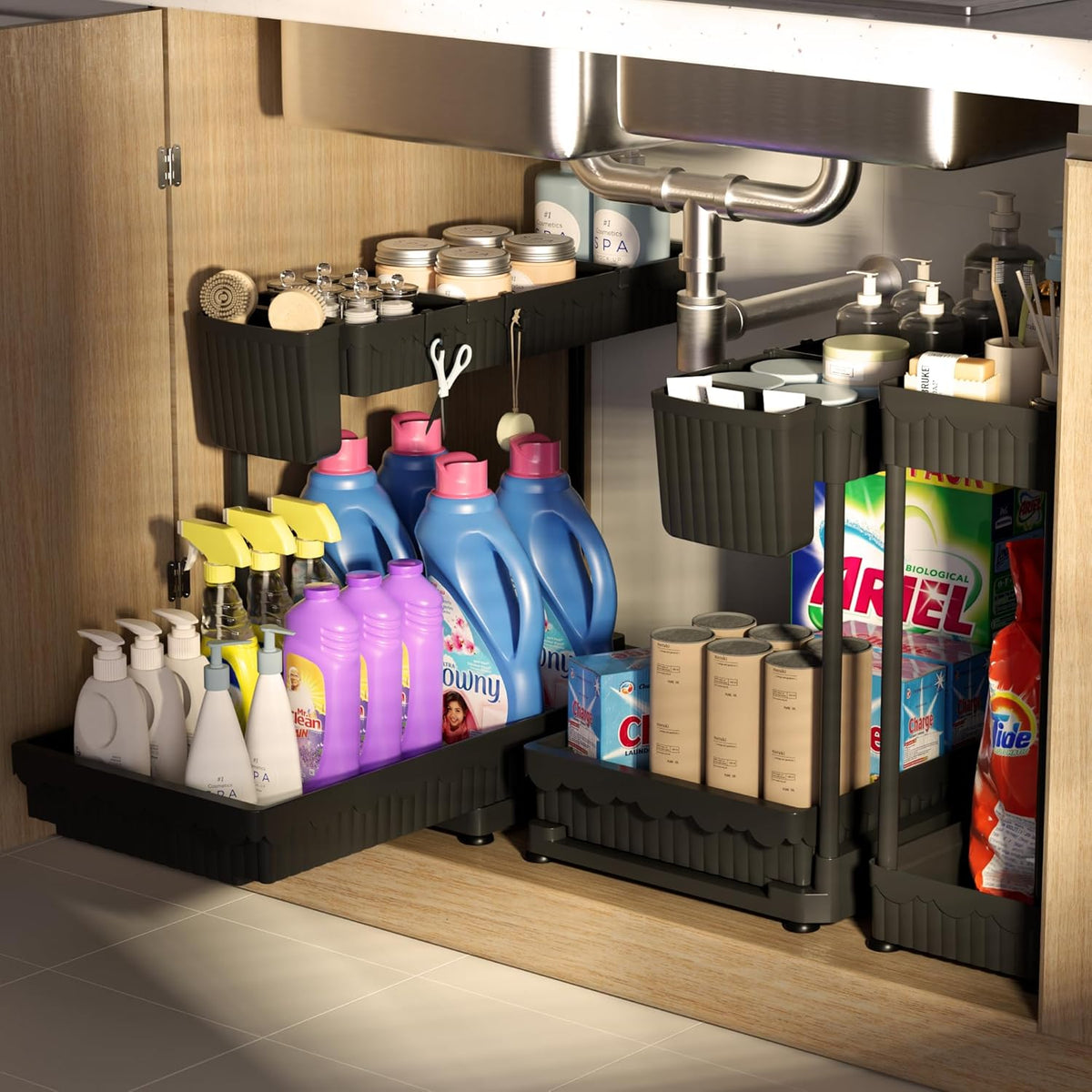 3-Pack 2-Tier L-Shaped Under Sink Organizers with Sliding Drawers | Multi-use kitchen & bathroom storage, 12.85 inch black cabinet organizer, space-saving sliding drawer design.
