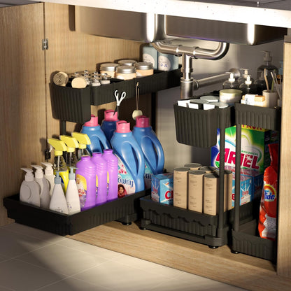3-Pack 2-Tier L-Shaped Under Sink Organizers with Sliding Drawers | Multi-use kitchen & bathroom storage, 12.85 inch black cabinet organizer, space-saving sliding drawer design.