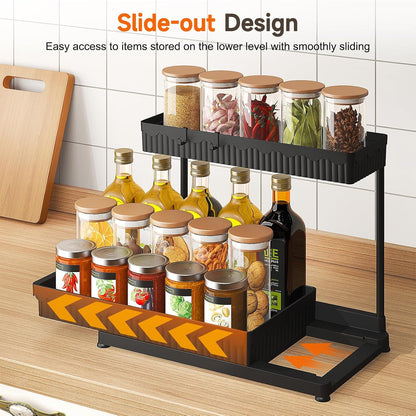 3-Pack 2-Tier L-Shaped Under Sink Organizers with Sliding Drawers | Multi-use kitchen & bathroom storage, 12.85 inch black cabinet organizer, space-saving sliding drawer design.
