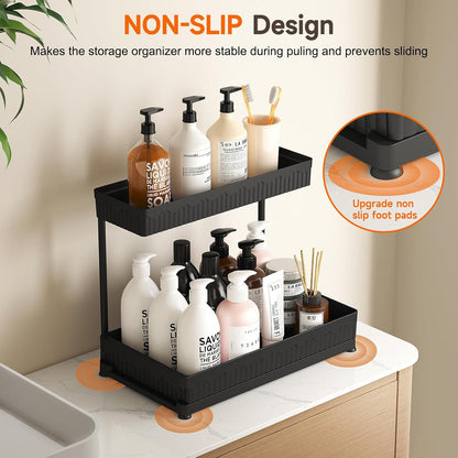 3-Pack 2-Tier L-Shaped Under Sink Organizers with Sliding Drawers | Multi-use kitchen & bathroom storage, 12.85 inch black cabinet organizer, space-saving sliding drawer design.