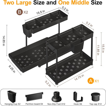 3-Pack 2-Tier L-Shaped Under Sink Organizers with Sliding Drawers | Multi-use kitchen & bathroom storage, 12.85 inch black cabinet organizer, space-saving sliding drawer design.