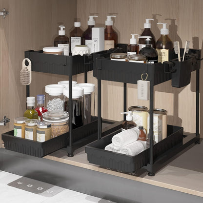 3-Pack 2-Tier L-Shaped Under Sink Organizers with Sliding Drawers | Multi-use kitchen & bathroom storage, 12.85 inch black cabinet organizer, space-saving sliding drawer design.