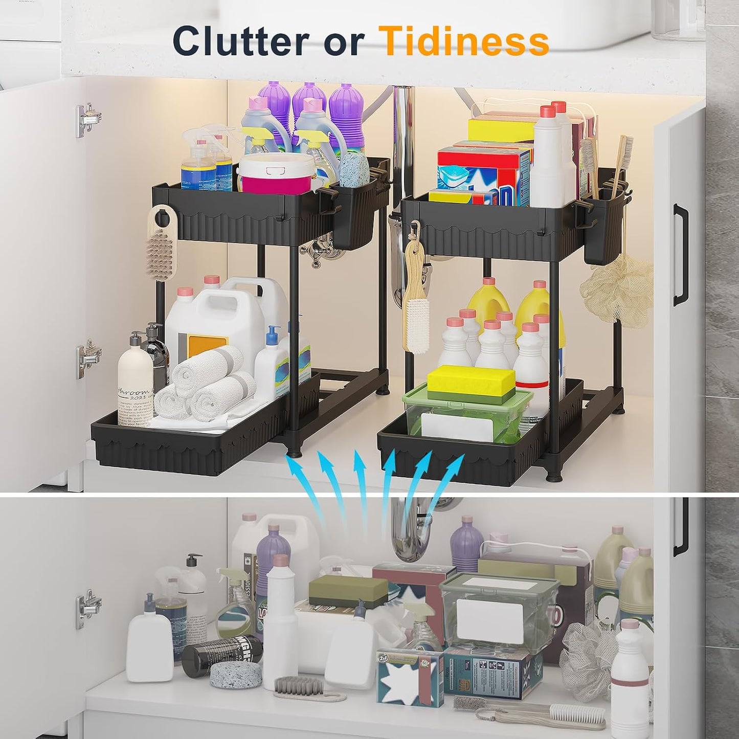 3-Pack 2-Tier L-Shaped Under Sink Organizers with Sliding Drawers | Multi-use kitchen & bathroom storage, 12.85 inch black cabinet organizer, space-saving sliding drawer design.