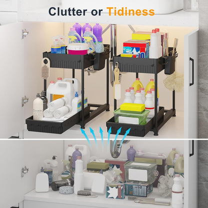 3-Pack 2-Tier L-Shaped Under Sink Organizers with Sliding Drawers | Multi-use kitchen & bathroom storage, 12.85 inch black cabinet organizer, space-saving sliding drawer design.