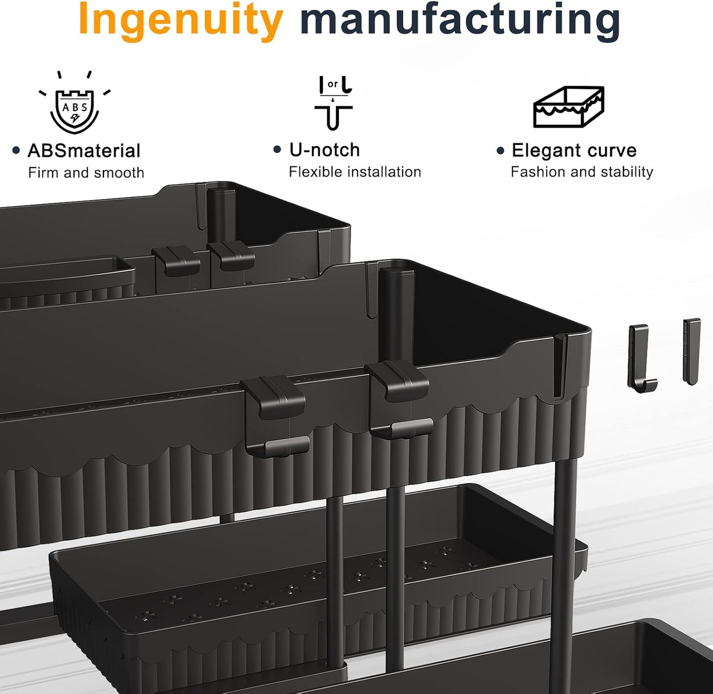 3-Pack 2-Tier L-Shaped Under Sink Organizers with Sliding Drawers | Multi-use kitchen & bathroom storage, 12.85 inch black cabinet organizer, space-saving sliding drawer design.