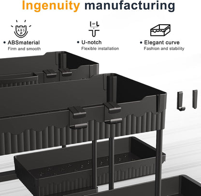 3-Pack 2-Tier L-Shaped Under Sink Organizers with Sliding Drawers | Multi-use kitchen & bathroom storage, 12.85 inch black cabinet organizer, space-saving sliding drawer design.