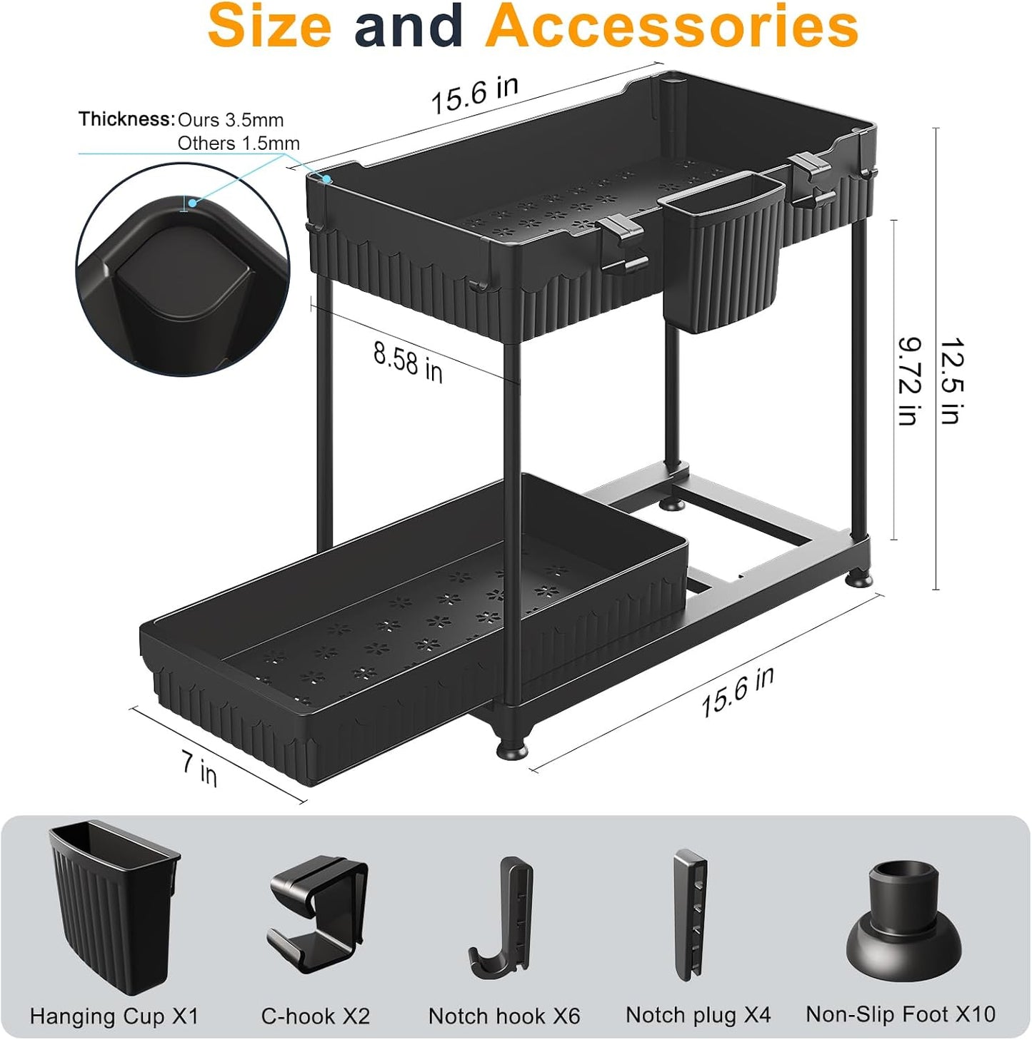 3-Pack 2-Tier L-Shaped Under Sink Organizers with Sliding Drawers | Multi-use kitchen & bathroom storage, 12.85 inch black cabinet organizer, space-saving sliding drawer design.