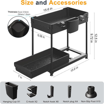 3-Pack 2-Tier L-Shaped Under Sink Organizers with Sliding Drawers | Multi-use kitchen & bathroom storage, 12.85 inch black cabinet organizer, space-saving sliding drawer design.