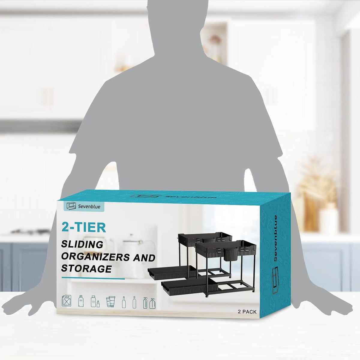 3-Pack 2-Tier L-Shaped Under Sink Organizers with Sliding Drawers | Multi-use kitchen & bathroom storage, 12.85 inch black cabinet organizer, space-saving sliding drawer design.