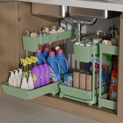3-Pack 2-Tier L-Shaped Under Sink Organizers with Sliding Drawers | Multi-use kitchen & bathroom storage, 12.85 inch black cabinet organizer, space-saving sliding drawer design.