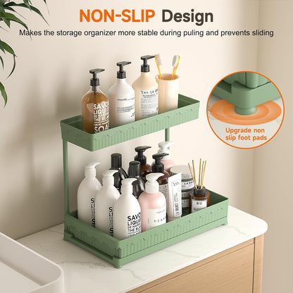 3-Pack 2-Tier L-Shaped Under Sink Organizers with Sliding Drawers | Multi-use kitchen & bathroom storage, 12.85 inch black cabinet organizer, space-saving sliding drawer design.