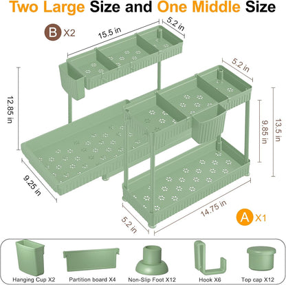 3-Pack 2-Tier L-Shaped Under Sink Organizers with Sliding Drawers | Multi-use kitchen & bathroom storage, 12.85 inch black cabinet organizer, space-saving sliding drawer design.