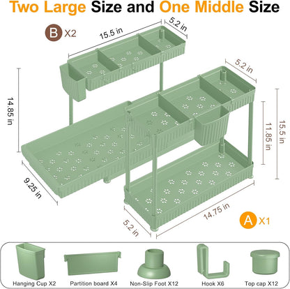3-Pack 2-Tier L-Shaped Under Sink Organizers with Sliding Drawers | Multi-use kitchen & bathroom storage, 12.85 inch black cabinet organizer, space-saving sliding drawer design.