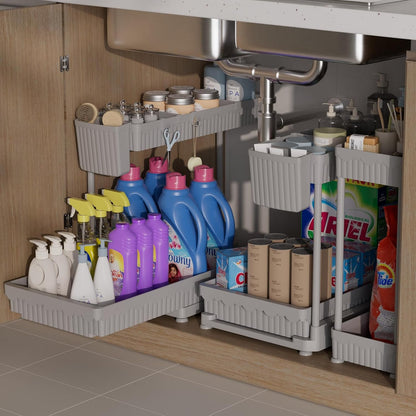3-Pack 2-Tier L-Shaped Under Sink Organizers with Sliding Drawers | Multi-use kitchen & bathroom storage, 12.85 inch black cabinet organizer, space-saving sliding drawer design.