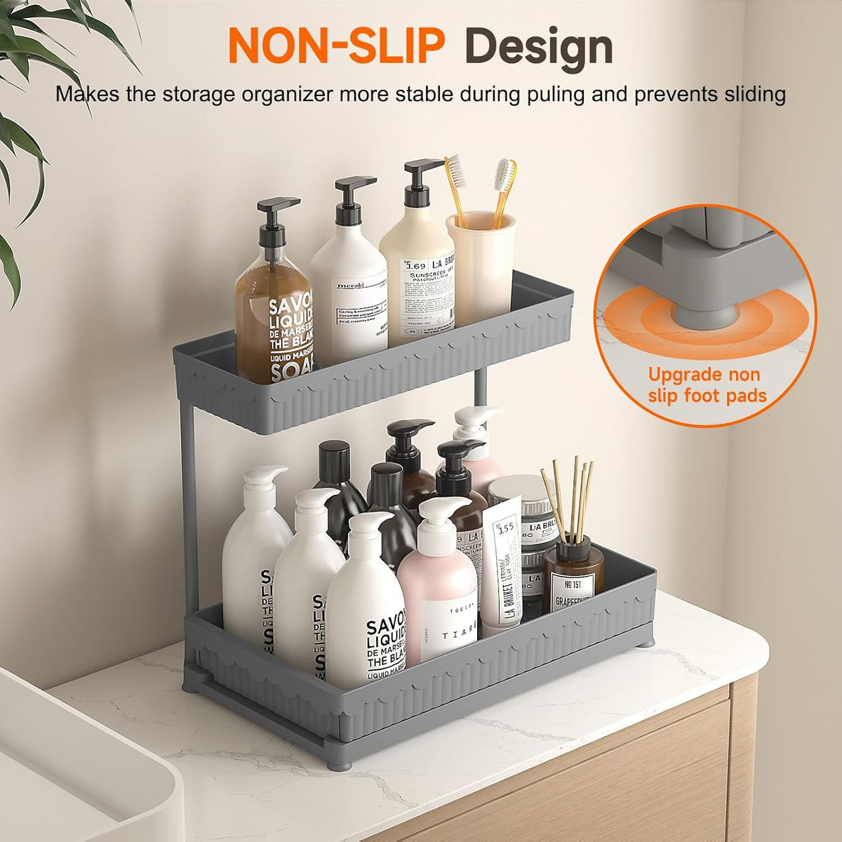 3-Pack 2-Tier L-Shaped Under Sink Organizers with Sliding Drawers | Multi-use kitchen & bathroom storage, 12.85 inch black cabinet organizer, space-saving sliding drawer design.