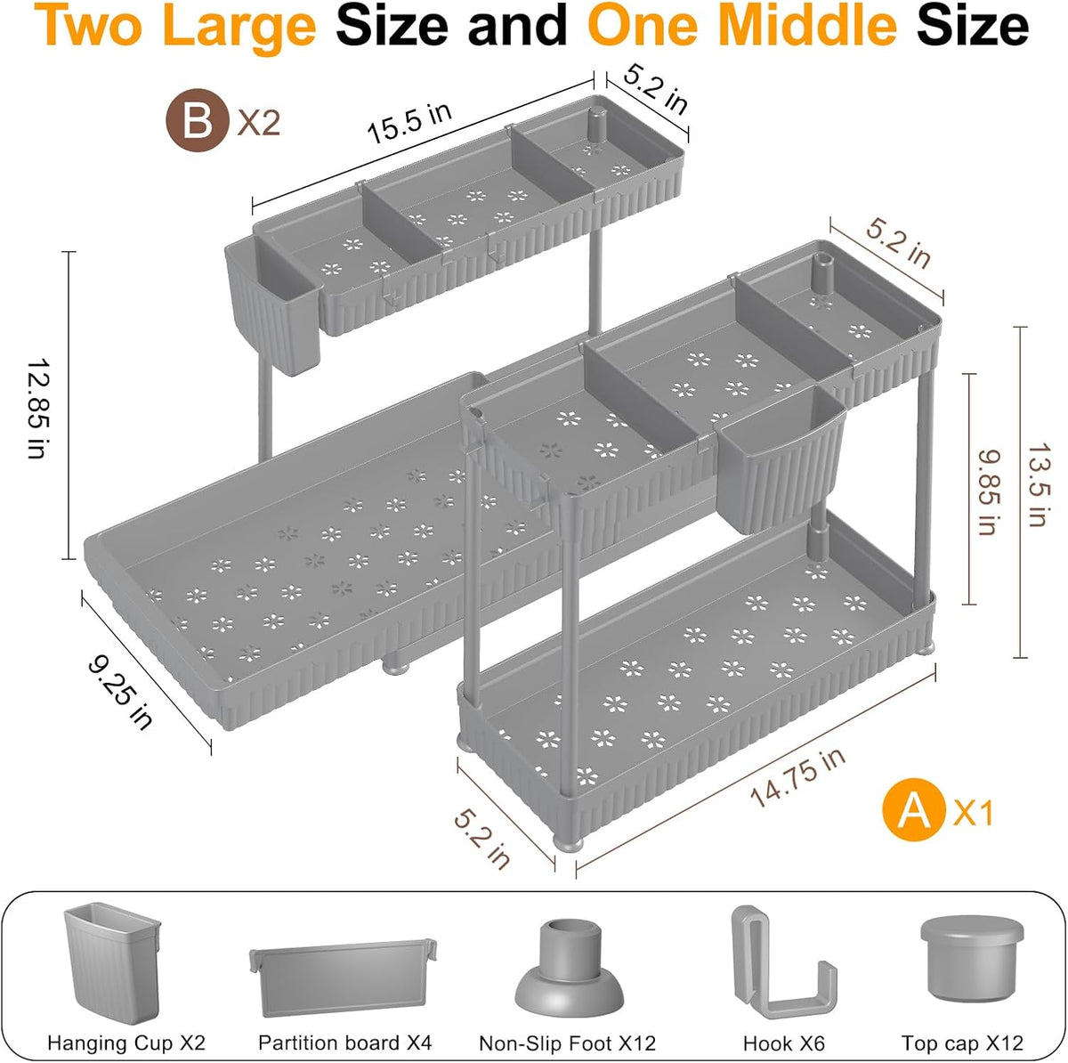 3-Pack 2-Tier L-Shaped Under Sink Organizers with Sliding Drawers | Multi-use kitchen & bathroom storage, 12.85 inch black cabinet organizer, space-saving sliding drawer design.
