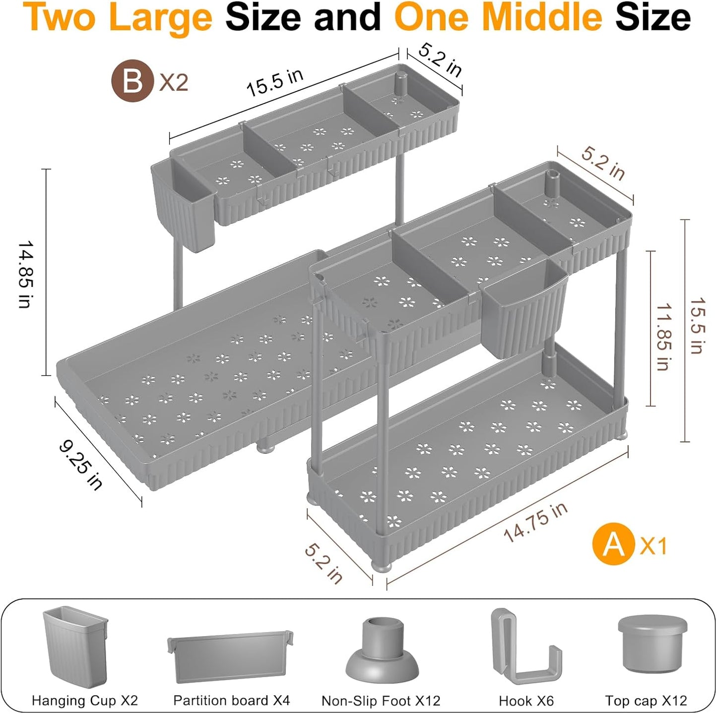3-Pack 2-Tier L-Shaped Under Sink Organizers with Sliding Drawers | Multi-use kitchen & bathroom storage, 12.85 inch black cabinet organizer, space-saving sliding drawer design.