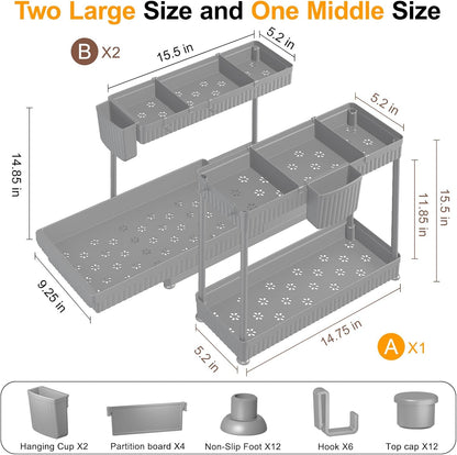 3-Pack 2-Tier L-Shaped Under Sink Organizers with Sliding Drawers | Multi-use kitchen & bathroom storage, 12.85 inch black cabinet organizer, space-saving sliding drawer design.