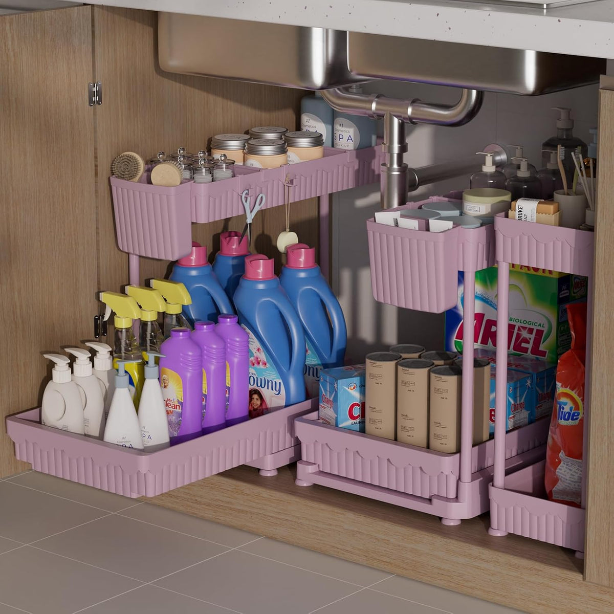 3-Pack 2-Tier L-Shaped Under Sink Organizers with Sliding Drawers | Multi-use kitchen & bathroom storage, 12.85 inch black cabinet organizer, space-saving sliding drawer design.