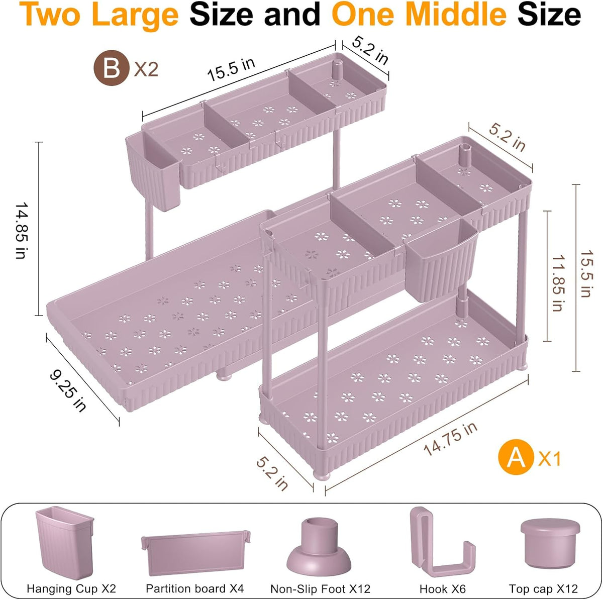 3-Pack 2-Tier L-Shaped Under Sink Organizers with Sliding Drawers | Multi-use kitchen & bathroom storage, 12.85 inch black cabinet organizer, space-saving sliding drawer design.
