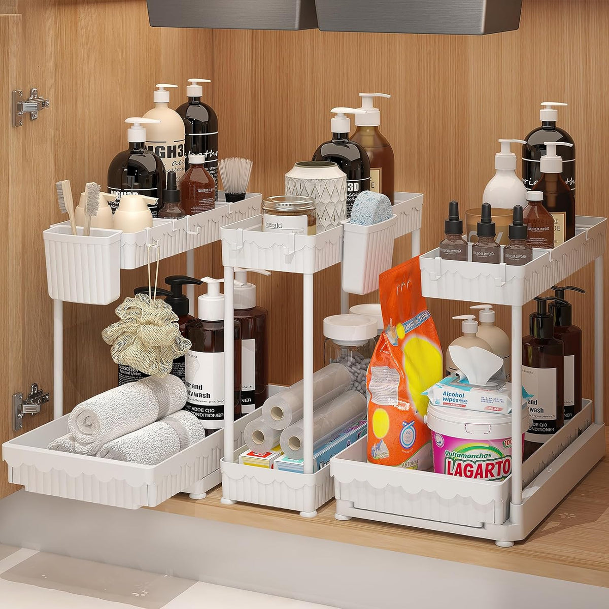 3-Pack 2-Tier L-Shaped Under Sink Organizers with Sliding Drawers | Multi-use kitchen & bathroom storage, 12.85 inch black cabinet organizer, space-saving sliding drawer design.