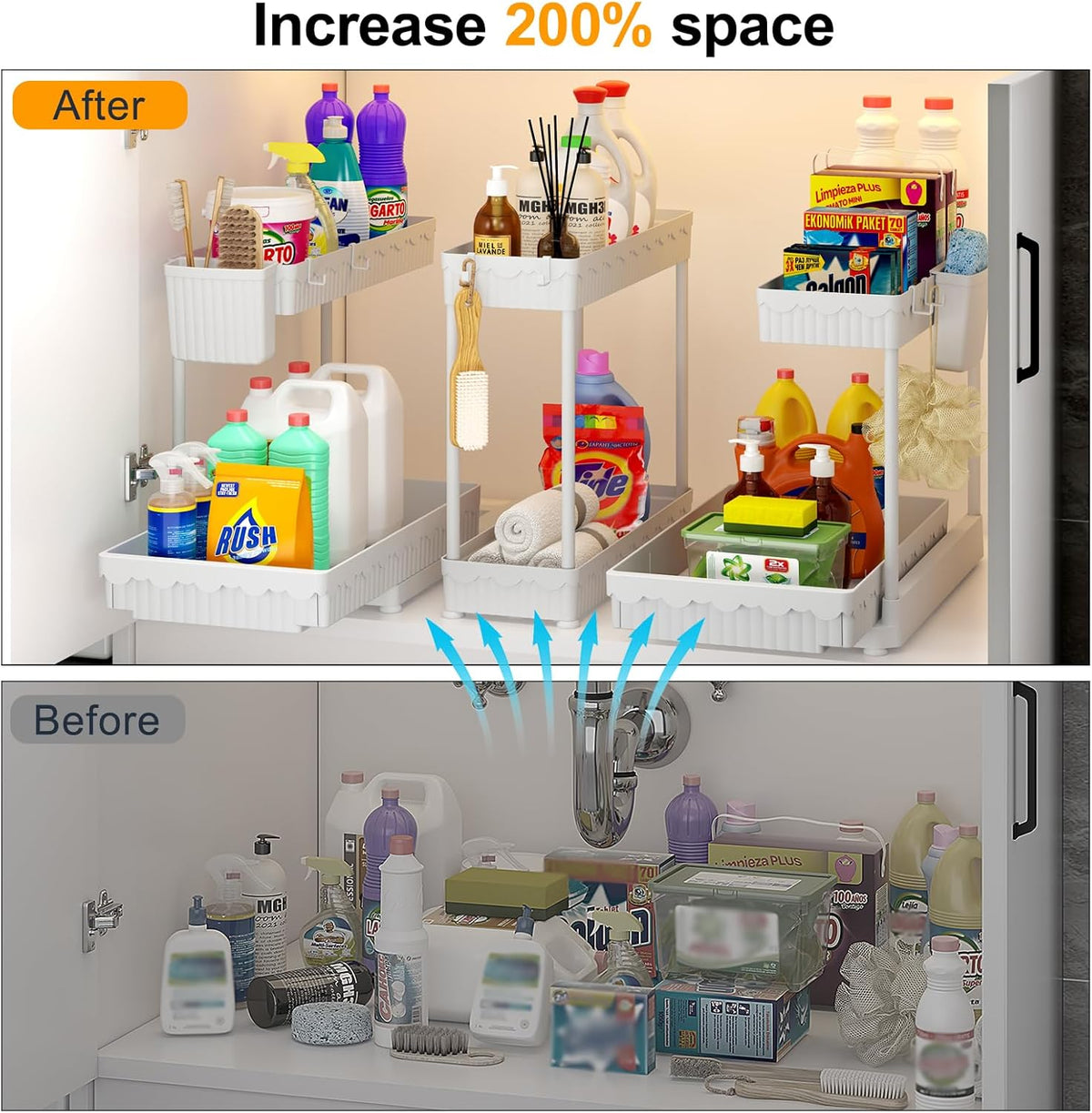 3-Pack 2-Tier L-Shaped Under Sink Organizers with Sliding Drawers | Multi-use kitchen & bathroom storage, 12.85 inch black cabinet organizer, space-saving sliding drawer design.