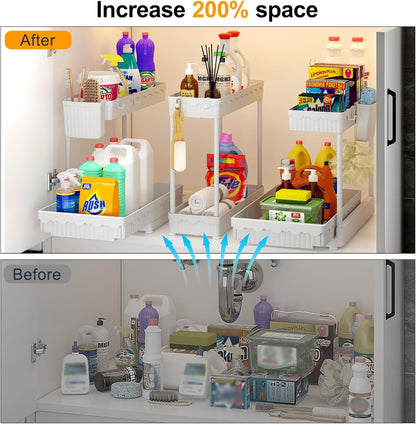 3-Pack 2-Tier L-Shaped Under Sink Organizers with Sliding Drawers | Multi-use kitchen & bathroom storage, 12.85 inch black cabinet organizer, space-saving sliding drawer design.
