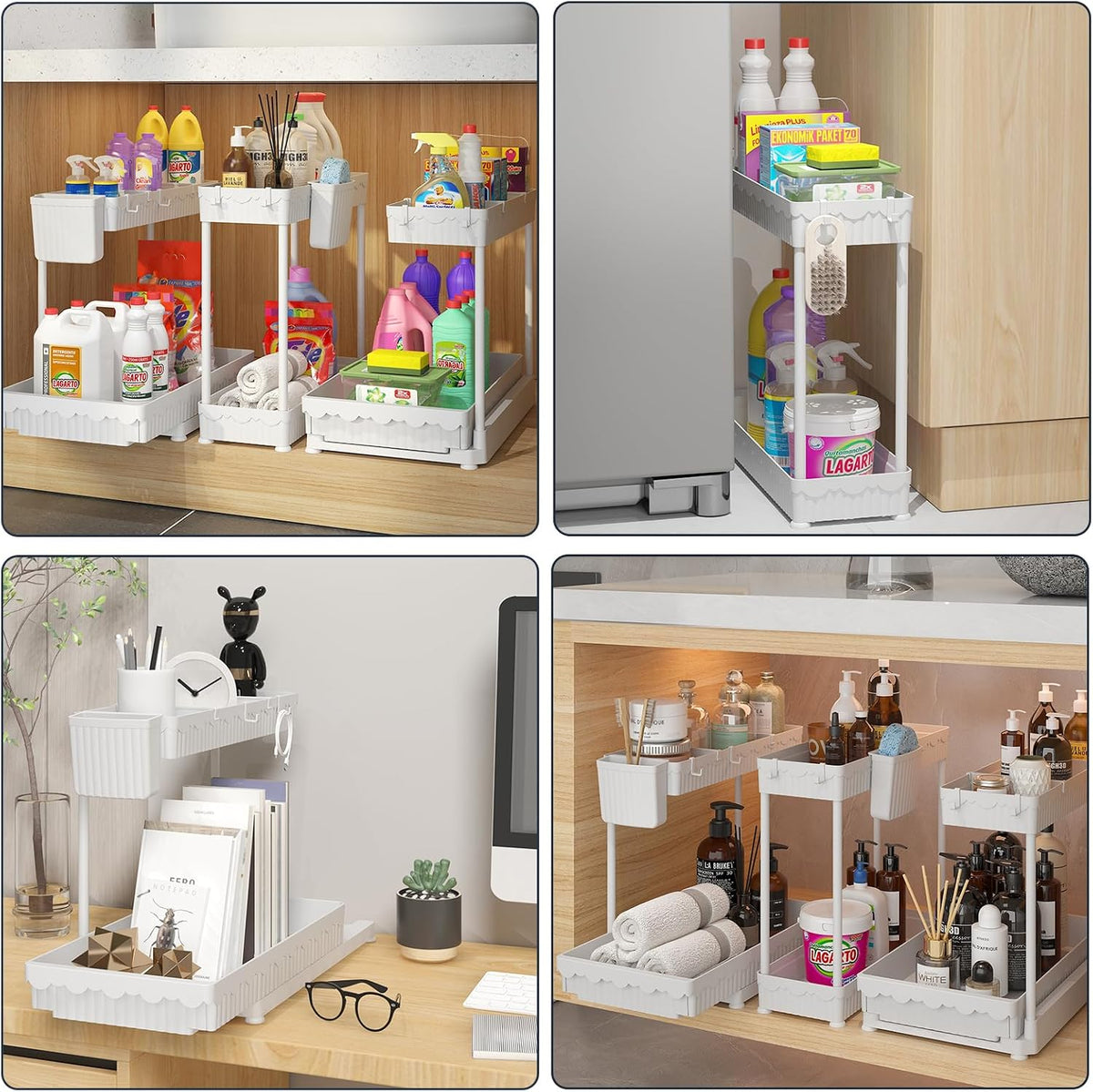 3-Pack 2-Tier L-Shaped Under Sink Organizers with Sliding Drawers | Multi-use kitchen & bathroom storage, 12.85 inch black cabinet organizer, space-saving sliding drawer design.