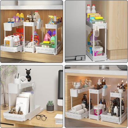 3-Pack 2-Tier L-Shaped Under Sink Organizers with Sliding Drawers | Multi-use kitchen & bathroom storage, 12.85 inch black cabinet organizer, space-saving sliding drawer design.