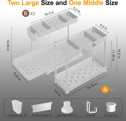 3-Pack 2-Tier L-Shaped Under Sink Organizers with Sliding Drawers | Multi-use kitchen & bathroom storage, 12.85 inch black cabinet organizer, space-saving sliding drawer design.