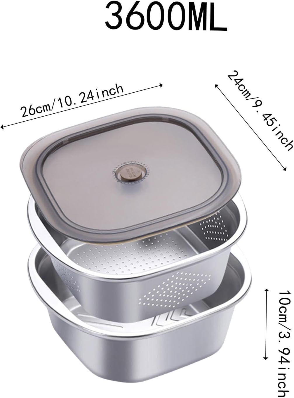 Stainless Steel Colander Bowl Set Food Storage Container with lid, Washing Nesting Mixing Bowl for Rice Vegetable Grapes, 3600ml