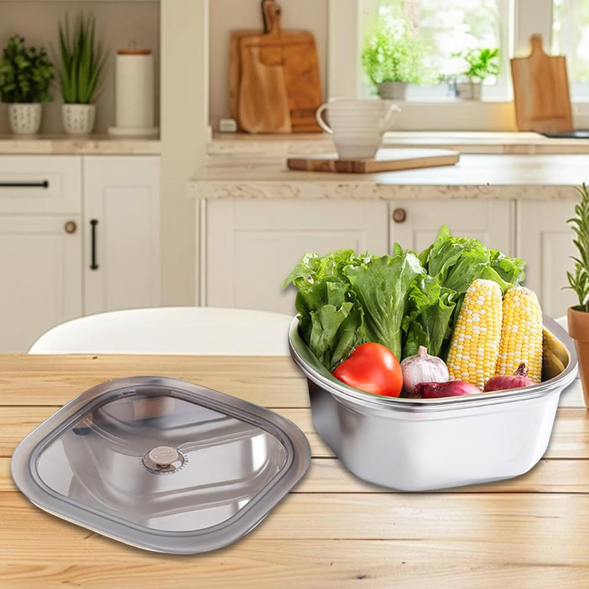 Stainless Steel Colander Bowl Set Food Storage Container with lid, Washing Nesting Mixing Bowl for Rice Vegetable Grapes, 3600ml