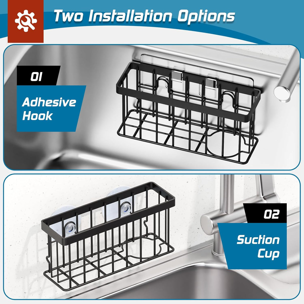 Sponge Holder for Kitchen Sink,Sink Caddy Organizer with Suction Cups/Adhesive Strips,Dish Sponge Holder Design for Sponges,Scrubber,Stoppers-Black