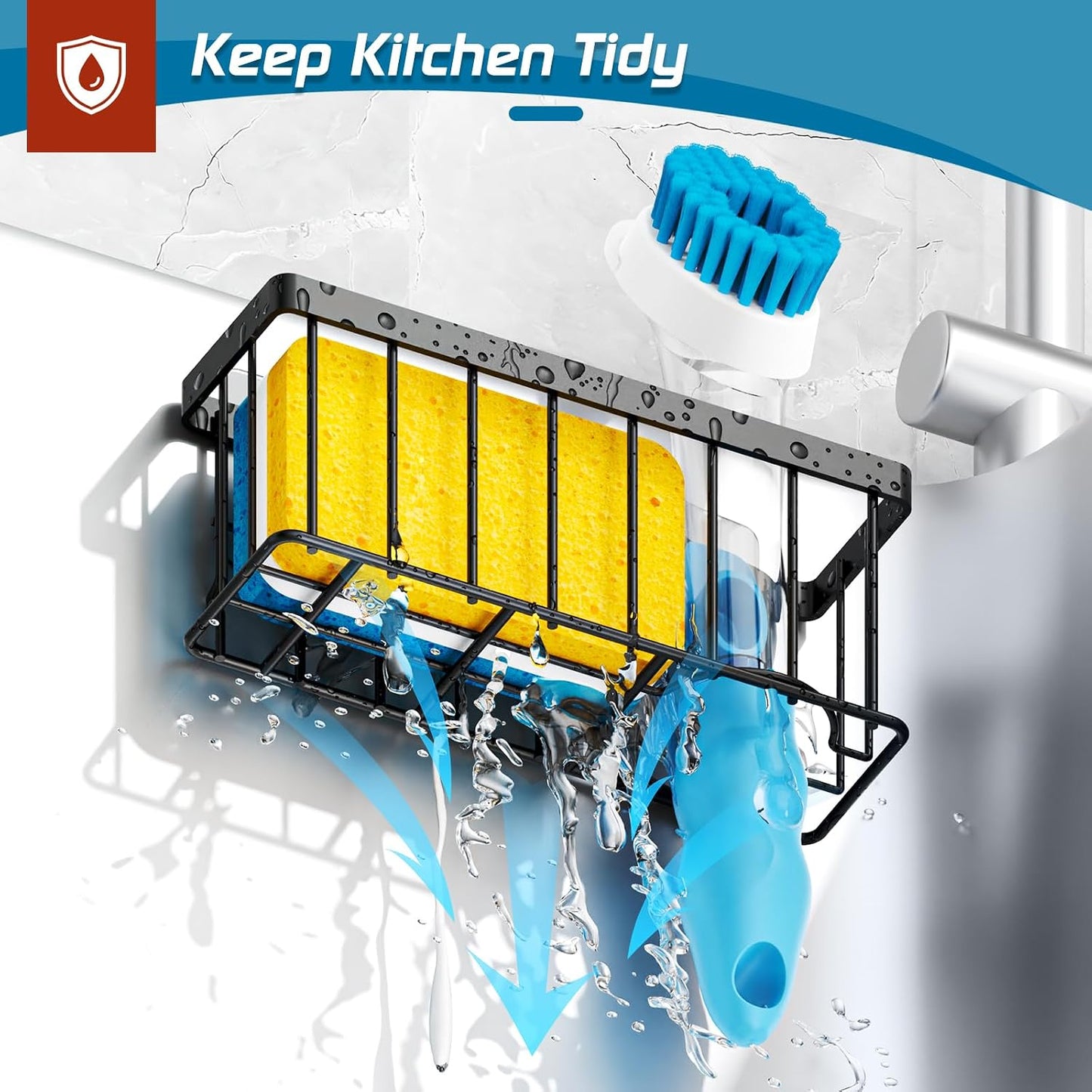 Sponge Holder for Kitchen Sink,Sink Caddy Organizer with Suction Cups/Adhesive Strips,Dish Sponge Holder Design for Sponges,Scrubber,Stoppers-Black