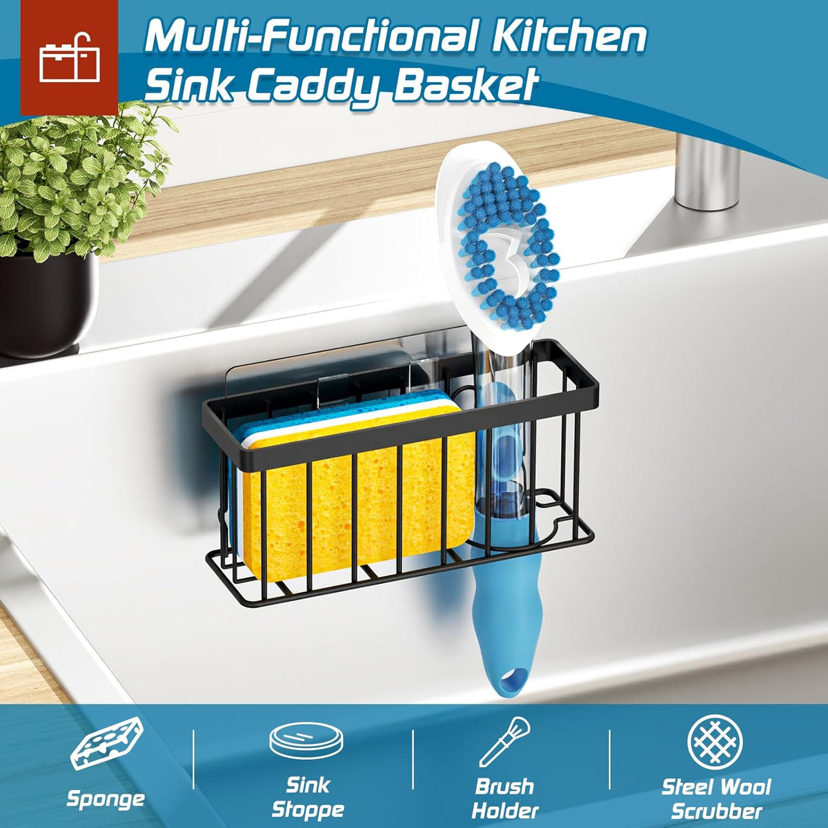 Sponge Holder for Kitchen Sink,Sink Caddy Organizer with Suction Cups/Adhesive Strips,Dish Sponge Holder Design for Sponges,Scrubber,Stoppers-Black