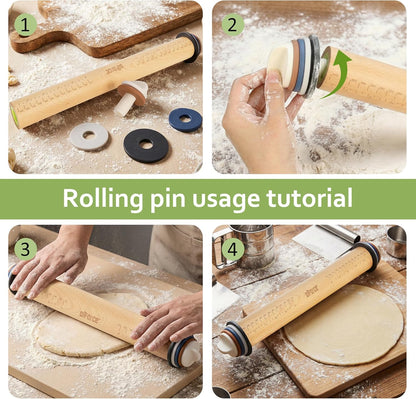 Adjustable Rolling Pin, 13.6" Dough Roller with 4 Thickness Rings for Dough | Dough Roller For Fondant, Pizza, Pie Crust, Pastries & Cookies,4 Adjust-rings Deliver Precise Even Dough Thickness