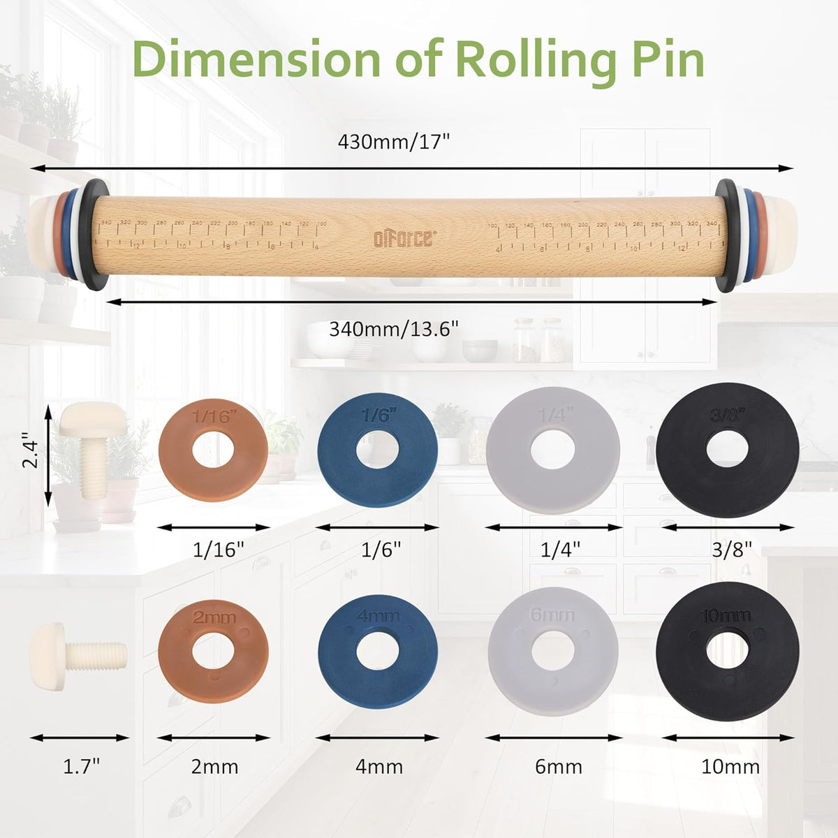 Adjustable Rolling Pin, 13.6" Dough Roller with 4 Thickness Rings for Dough | Dough Roller For Fondant, Pizza, Pie Crust, Pastries & Cookies,4 Adjust-rings Deliver Precise Even Dough Thickness