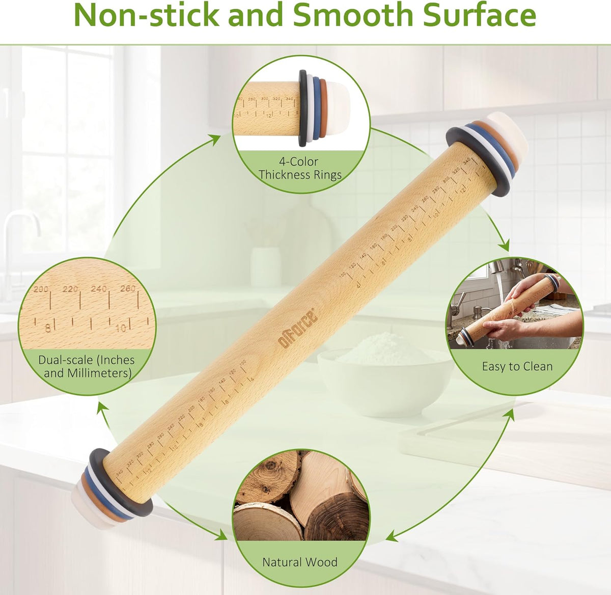 Adjustable Rolling Pin, 13.6" Dough Roller with 4 Thickness Rings for Dough | Dough Roller For Fondant, Pizza, Pie Crust, Pastries & Cookies,4 Adjust-rings Deliver Precise Even Dough Thickness