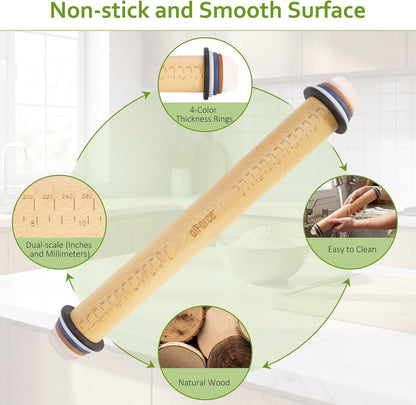 Adjustable Rolling Pin, 13.6" Dough Roller with 4 Thickness Rings for Dough | Dough Roller For Fondant, Pizza, Pie Crust, Pastries & Cookies,4 Adjust-rings Deliver Precise Even Dough Thickness