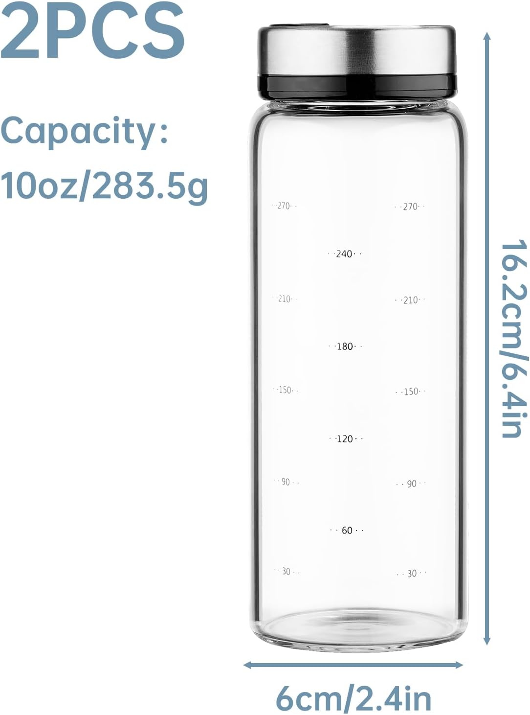 2Pack 10oz Glass Spice Shakers Set, Adjustable Lid Dispenser, Clear