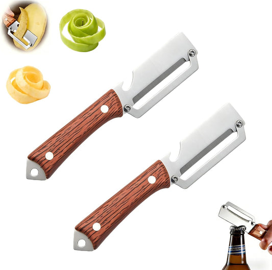 Vegetable Peeler 2PCS, Heavy Duty Stainless Steel Potato Peeler with Ultra-Sharp Blade & Wooden Handle, 2-in-1 Kitchen Tool with Bottle Opener for Fruits Vegetables and Food Prep